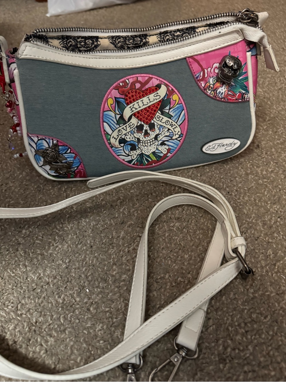 Ed Hardy Gray & Pink Crossbody with White Trim and Tattoo Motif